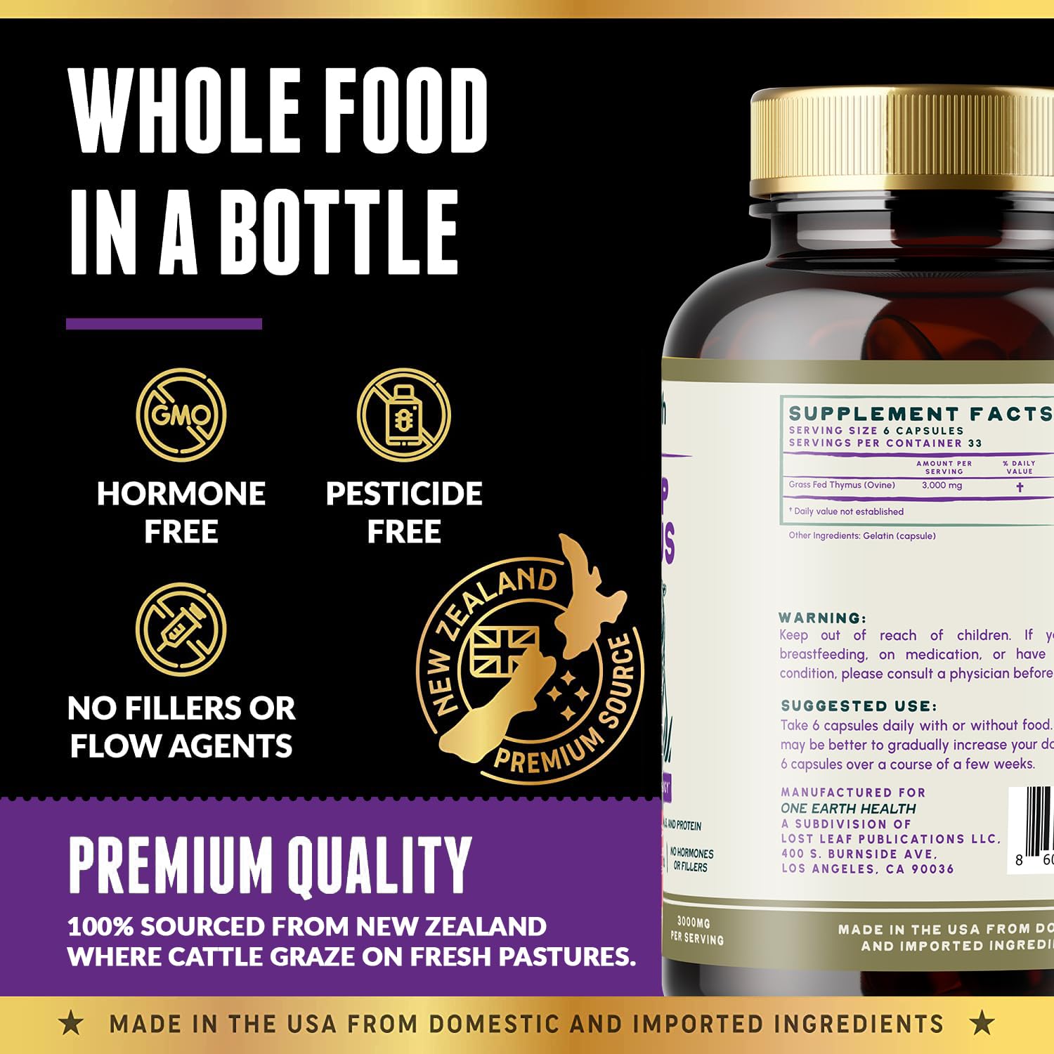 One Earth Health thymus bottle side view with clear serving information.