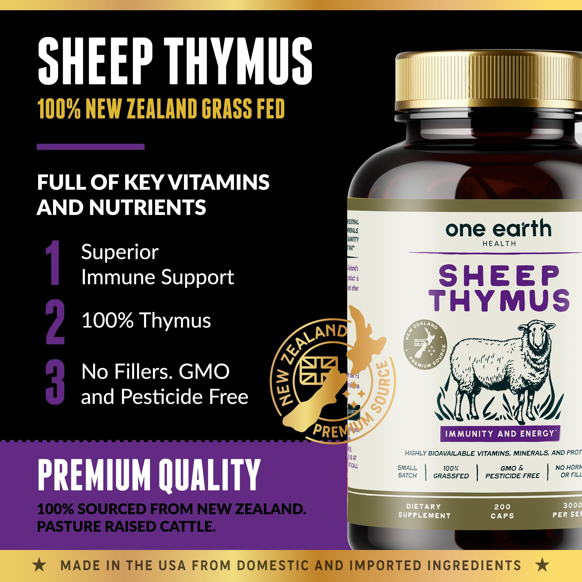 One Earth Health thymus gland bottle label emphasizing 100% thymus content.