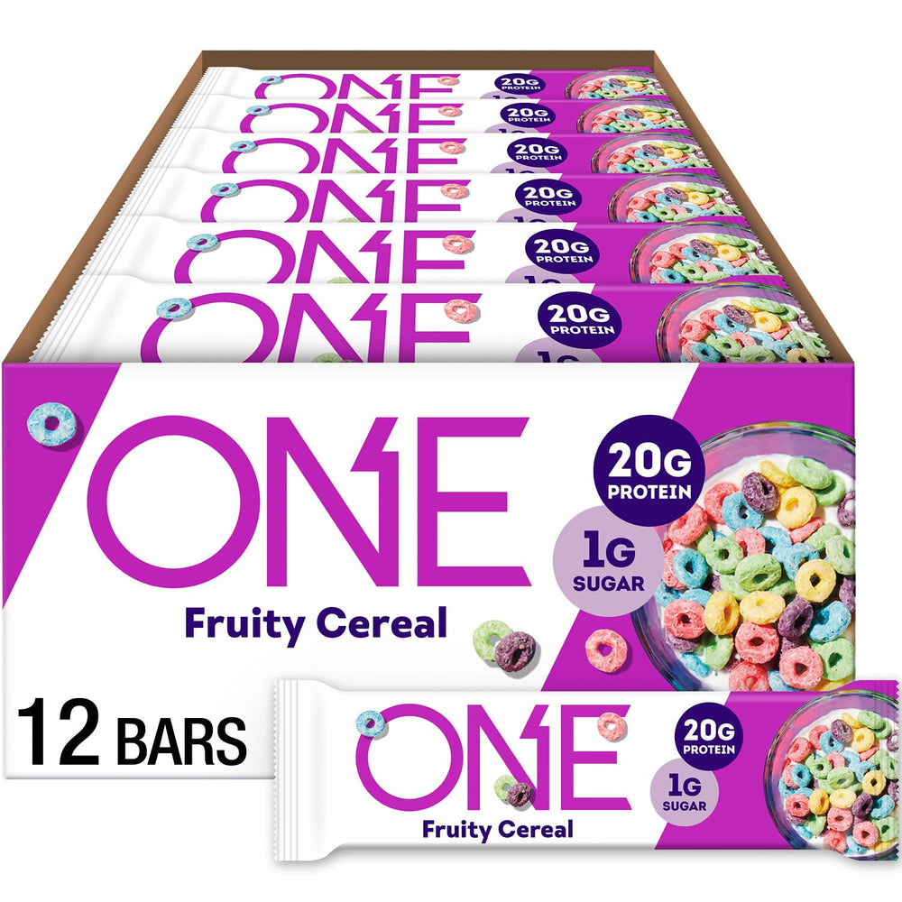 ONE Fruity Cereal Bar packaging front; grab-and-go snack ready for busy mornings.