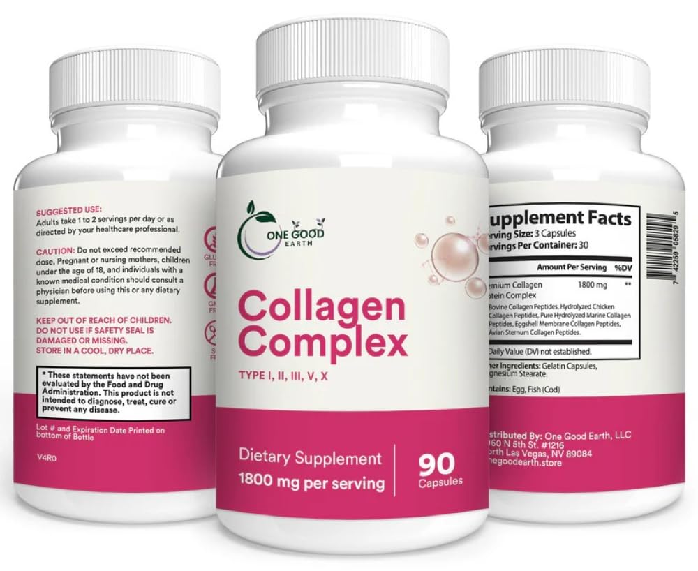 One Good Earth Collagen bottle front view highlighting multi-type peptides for daily skin and joint support.