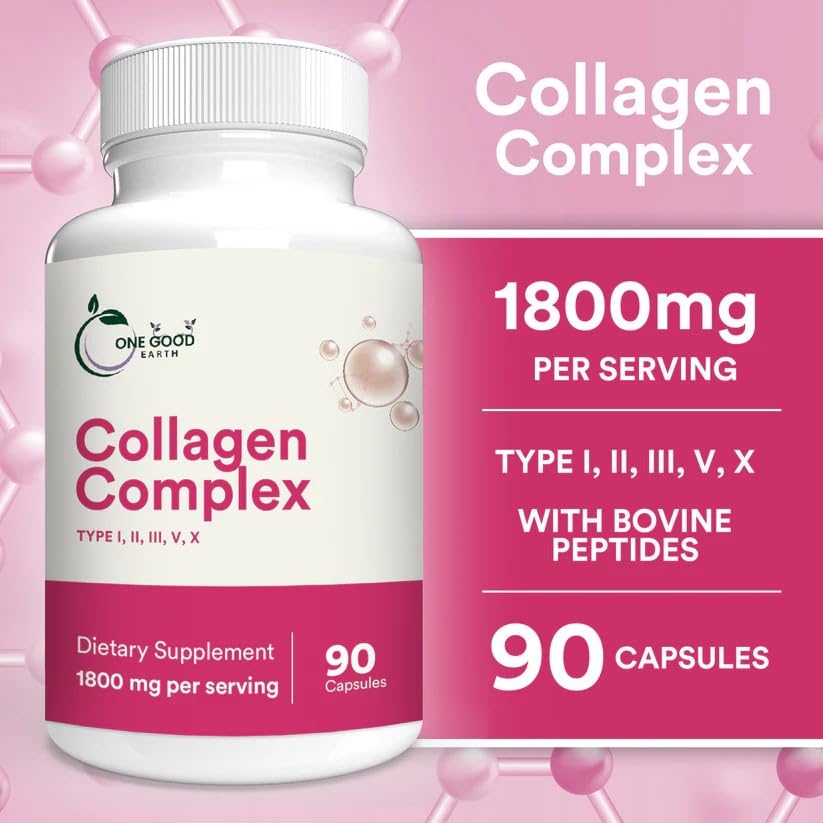 One Good Earth Collagen bottle label shows Vitamin C and minerals for collagen formation.