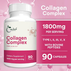 One Good Earth Collagen bottle label shows Vitamin C and minerals for collagen formation.