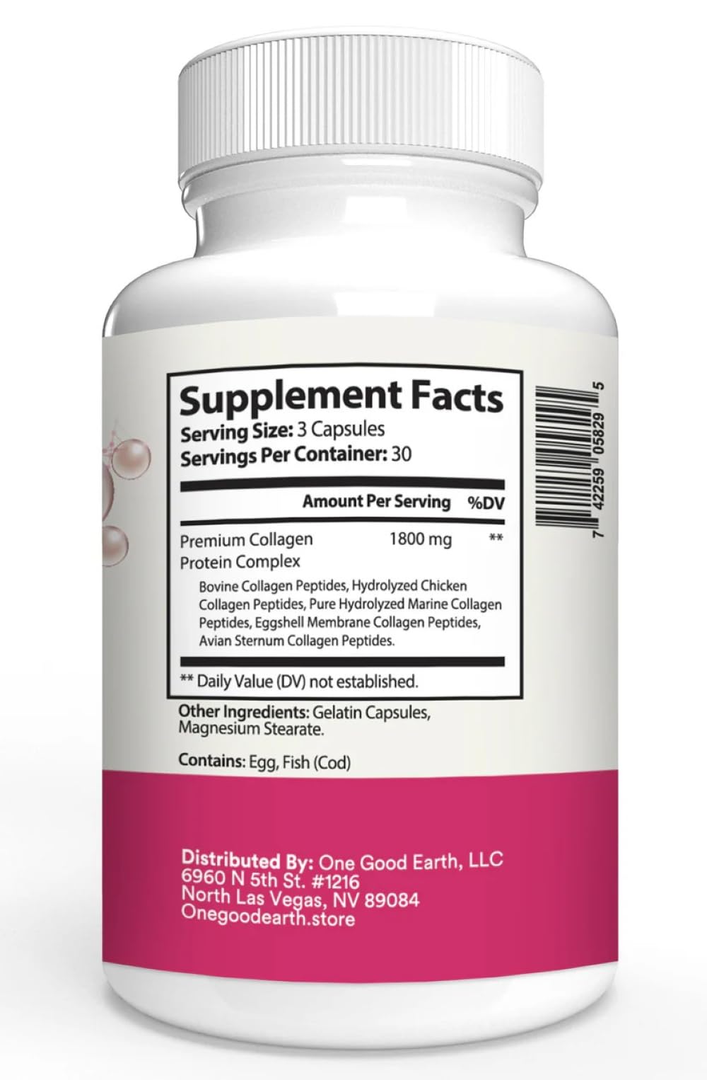 One Good Earth Collagen ingredients chart lists collagen types and micronutrients for tissue support.