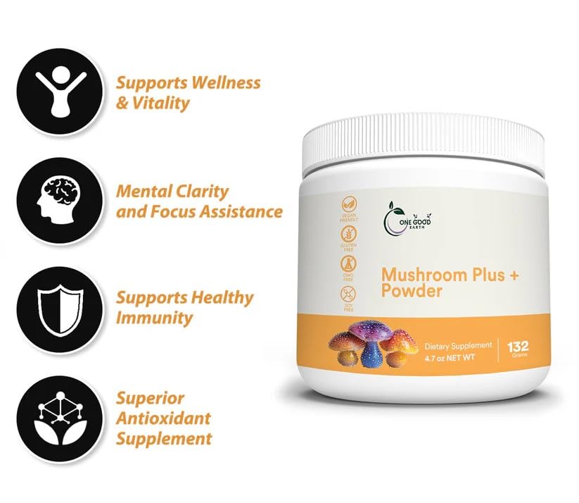 Close-up of One Good Earth Mushroom Plus bottle highlighting Chaga benefits
