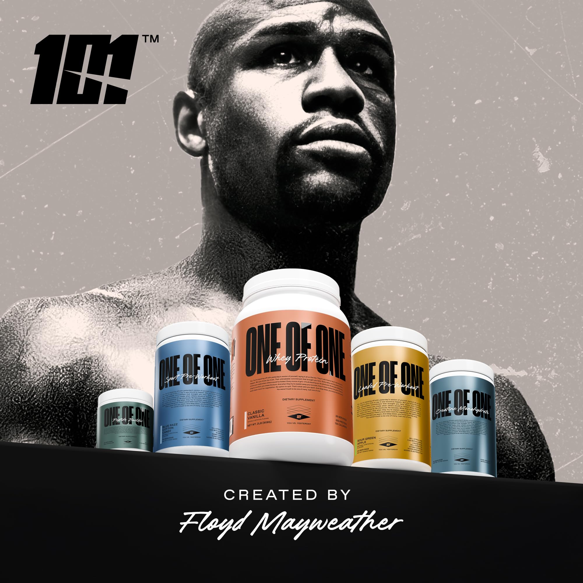 ONE OF ONE Creatine bottle back shows ingredients and usage tips.