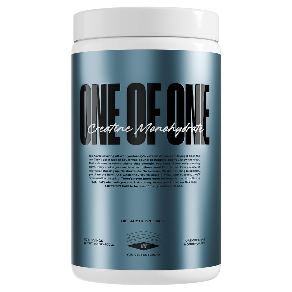 ONE OF ONE Creatine front label highlighting unflavored powder for clean performance.