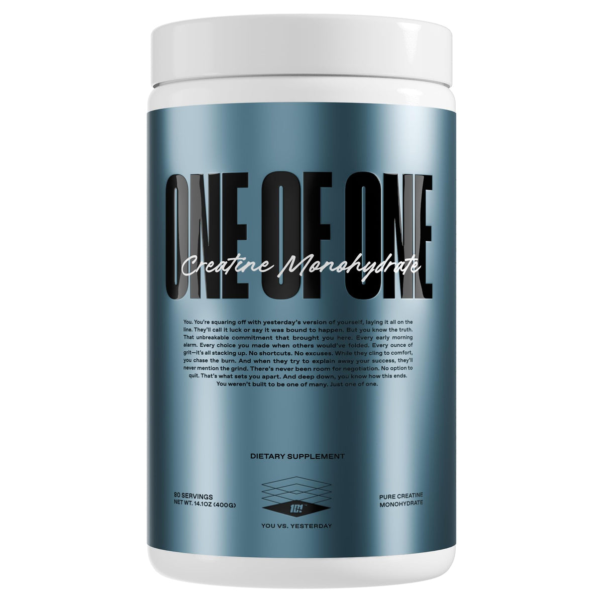 ONE OF ONE Creatine front label highlighting unflavored powder for clean performance.