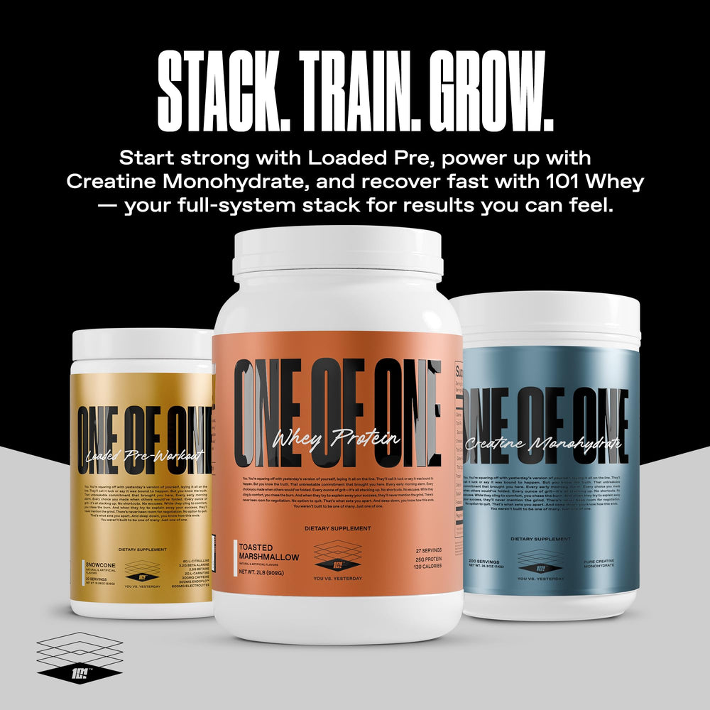 ONE OF ONE Creatine Monohydrate Powder scoop beside bottle suggests easy dosing.