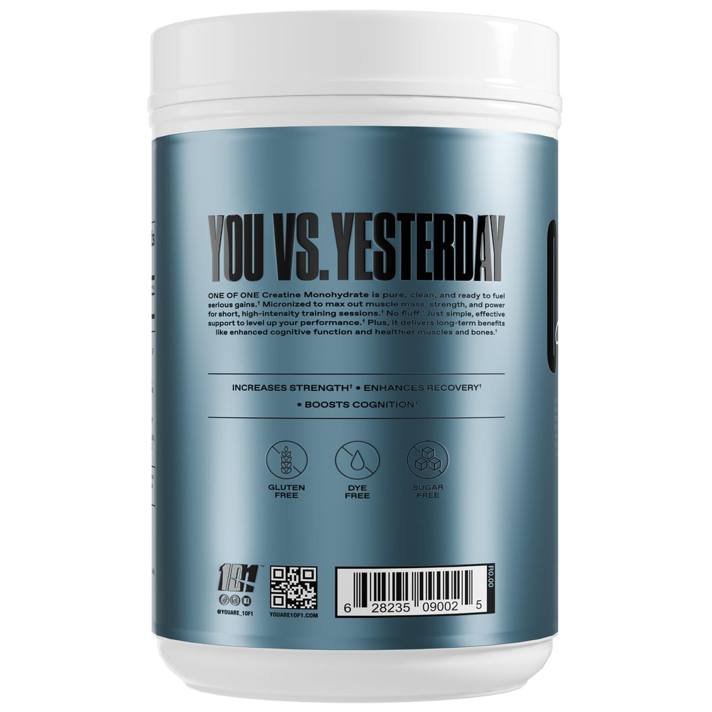 ONE OF ONE Creatine Monohydrate Powder being poured into a glass suggests quick mixability.