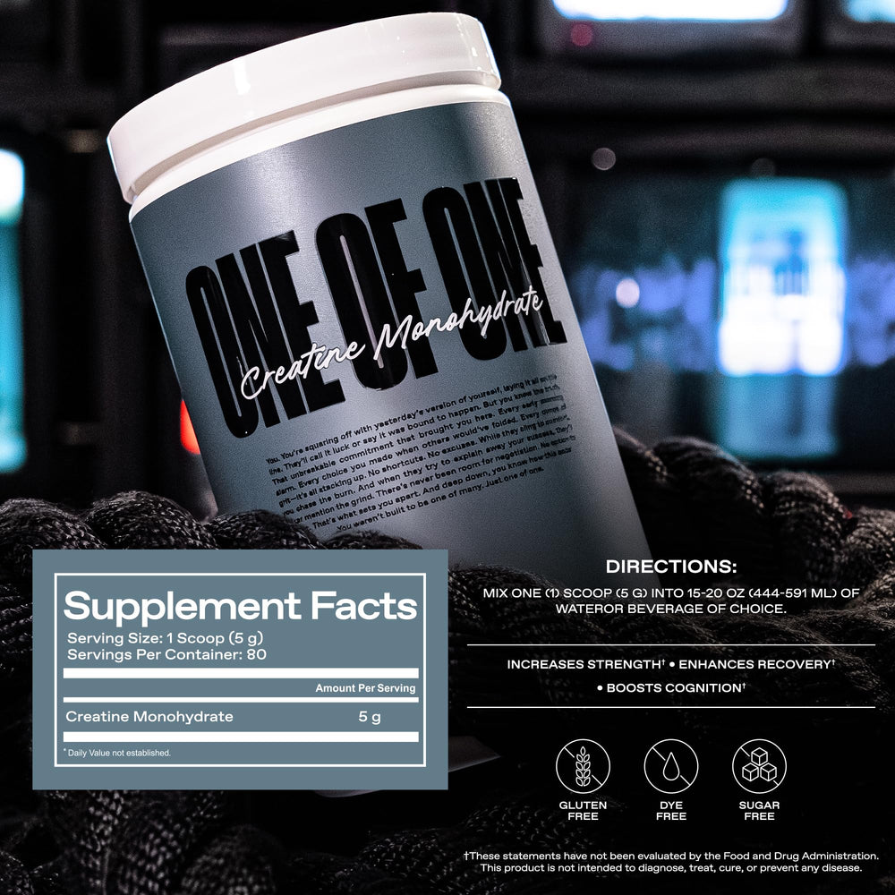 ONE OF ONE Creatine nutrition facts panel indicates serving details and transparency.