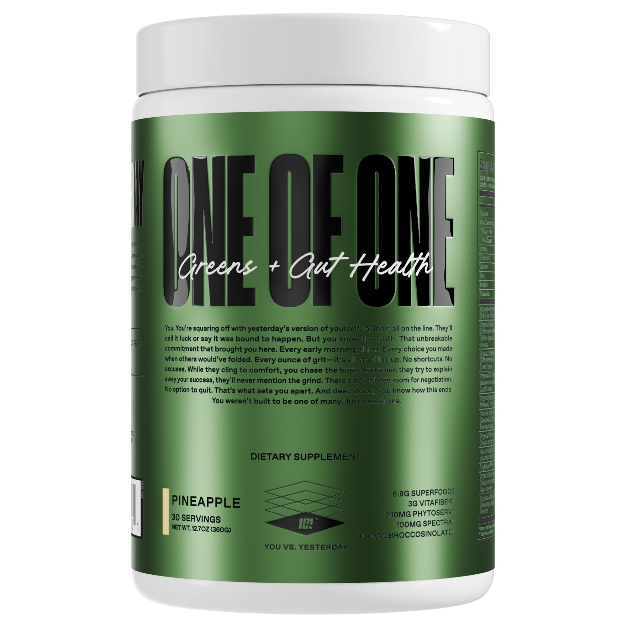 ONE OF ONE Greens & Gut Health bottle front promotes daily vitality with clean nutrition.