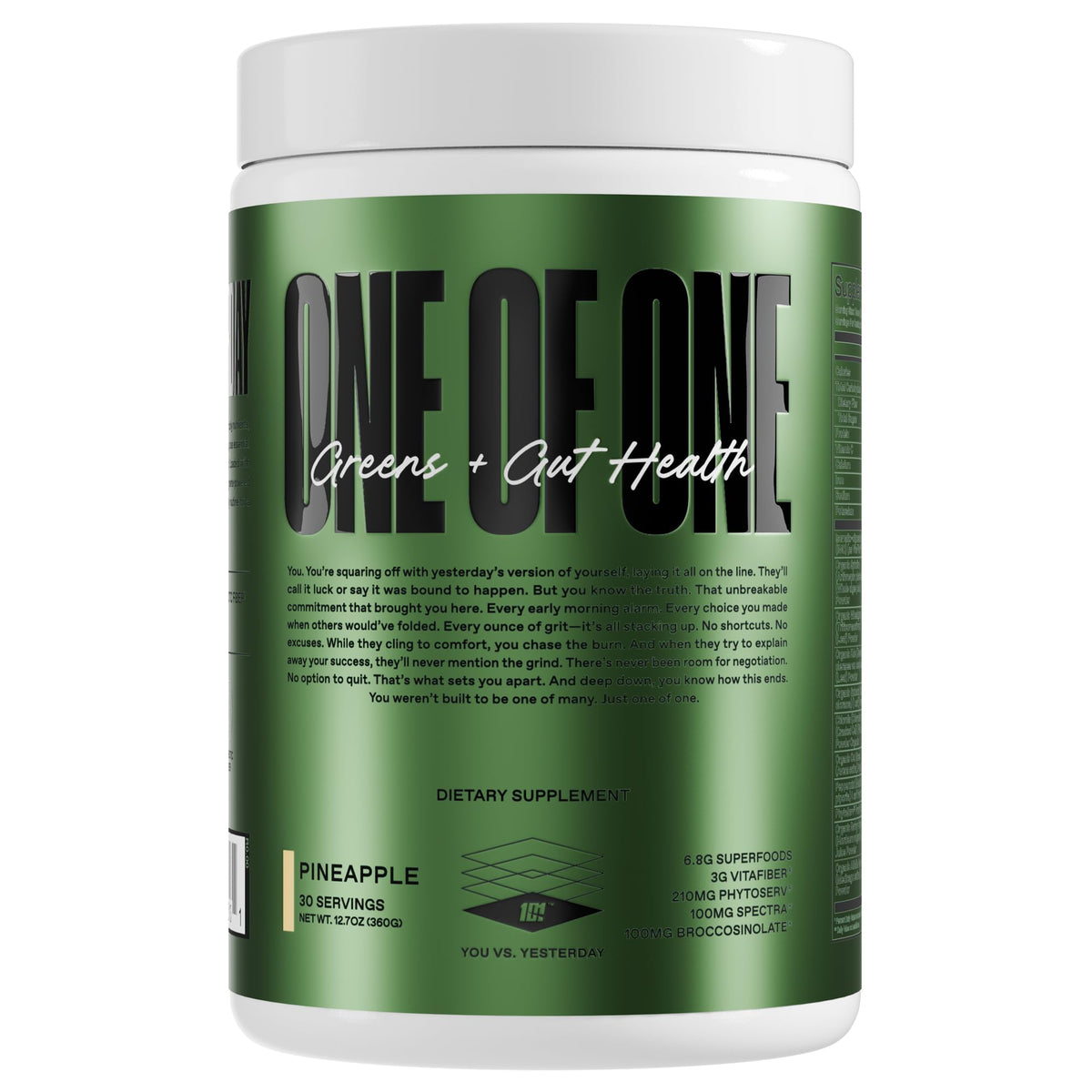 ONE OF ONE Greens & Gut Health bottle front promotes daily vitality with clean nutrition.