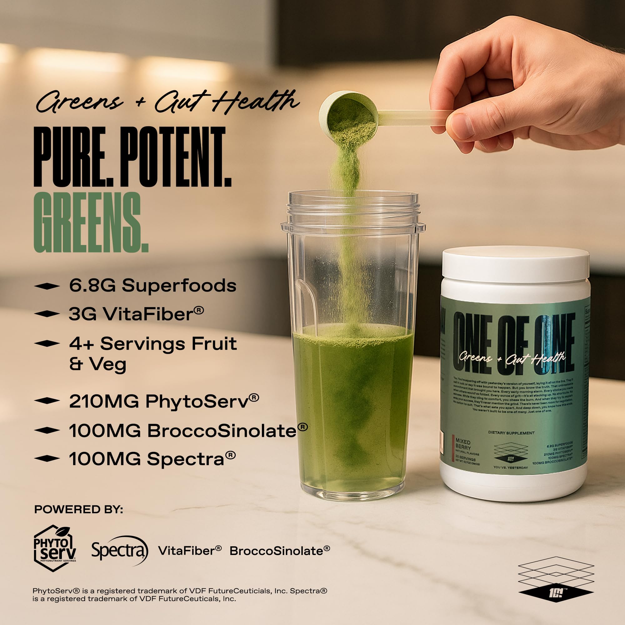 ONE OF ONE Greens & Gut Health berry-smoothie visual with nutrition in mind