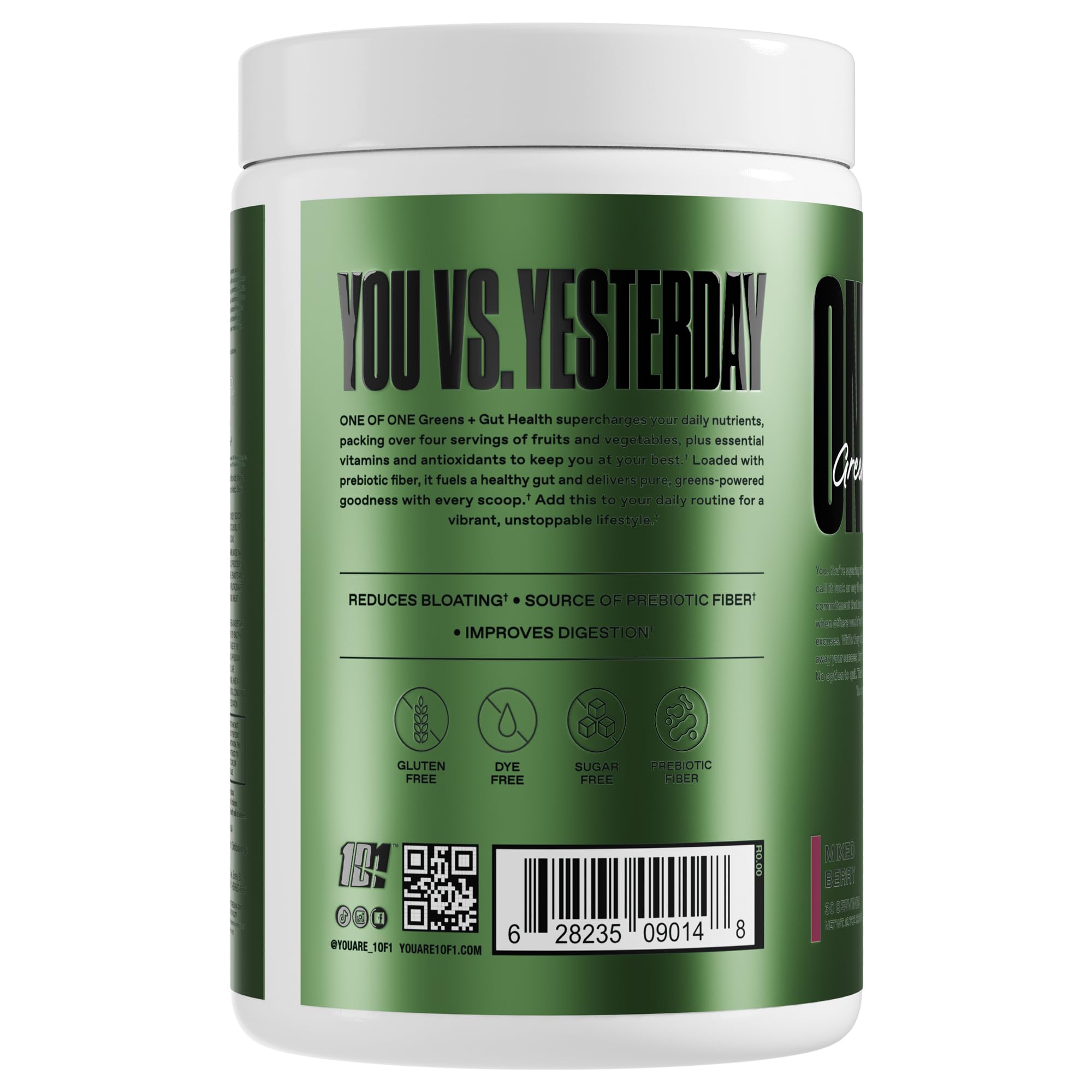ONE OF ONE Greens & Gut Health powder-dispense demonstrates easy daily servings