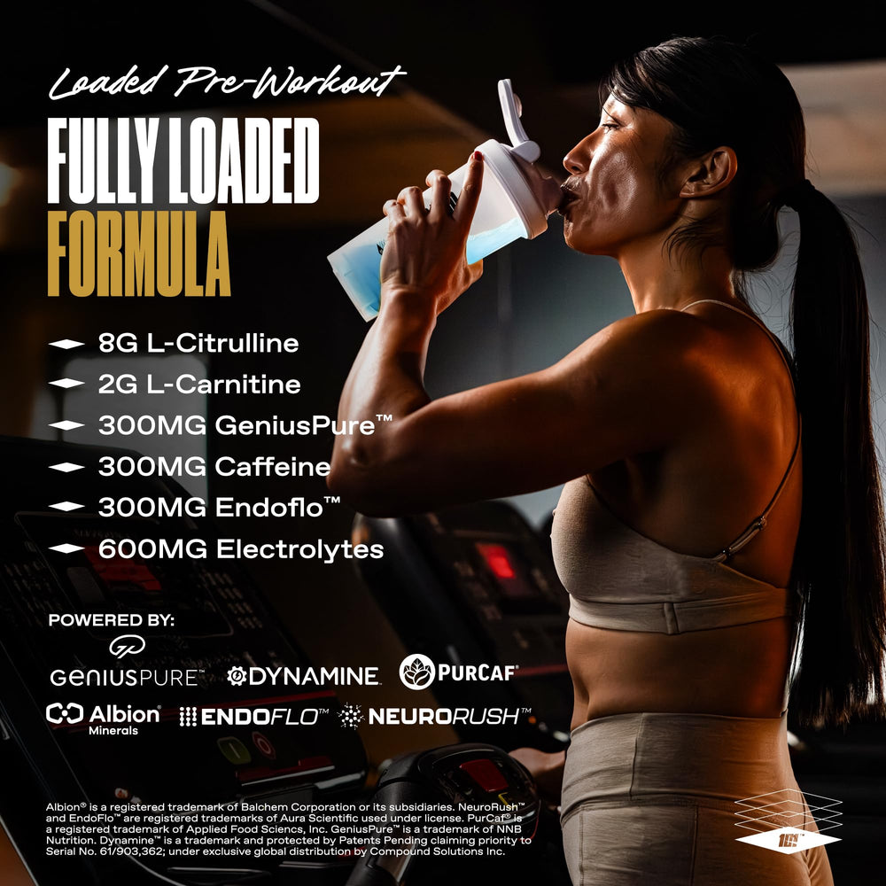 ONE OF ONE Loaded Pre-Workout glass with powder suggests easy mixing and hydration support
