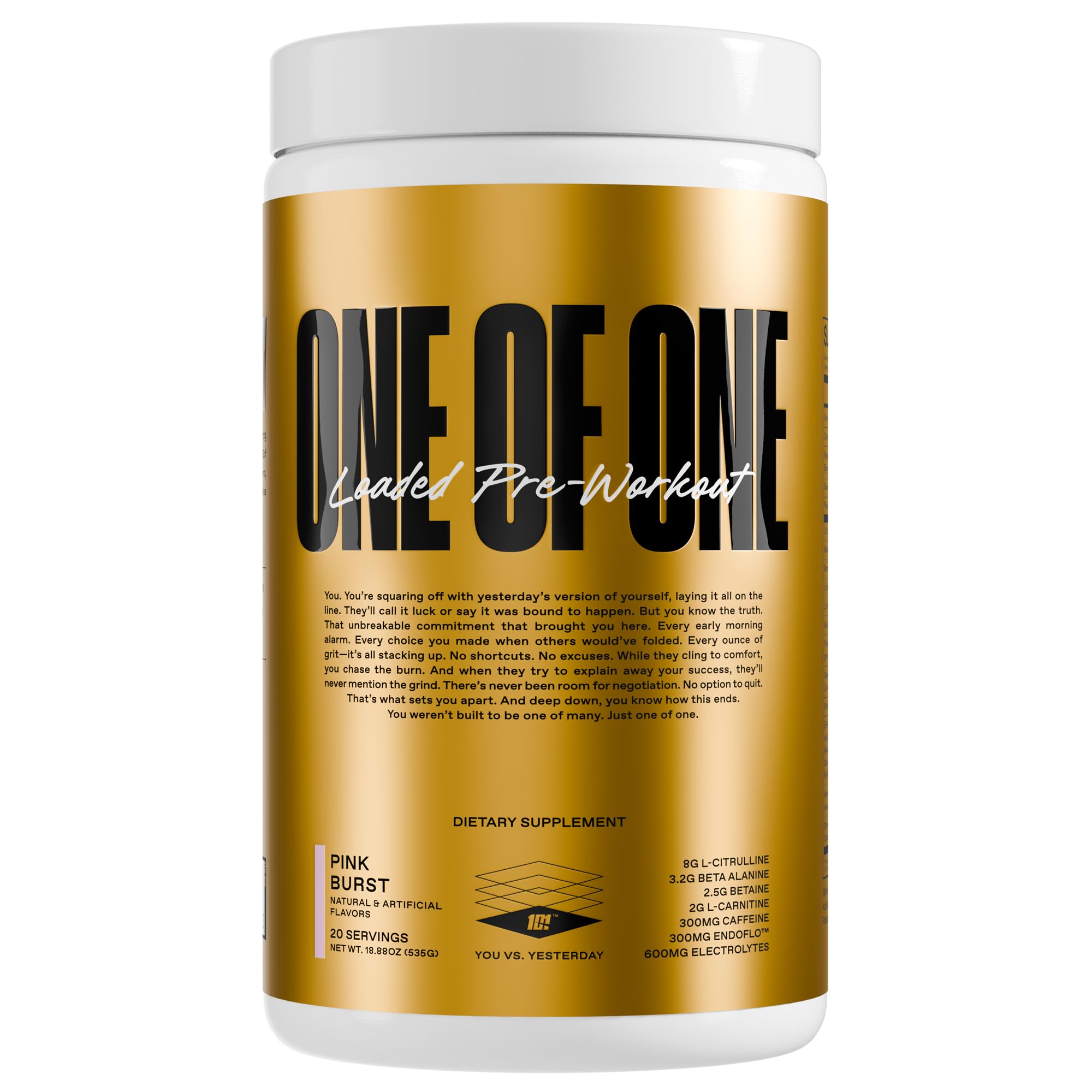 ONE OF ONE Loaded Pre-Workout Pink Burst front label highlights energy ingredients for intense training