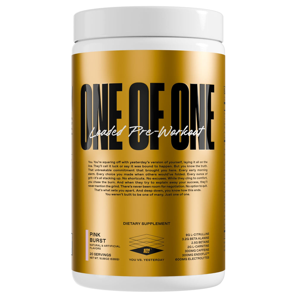 ONE OF ONE Loaded Pre-Workout Pink Burst front label highlights energy ingredients for intense training