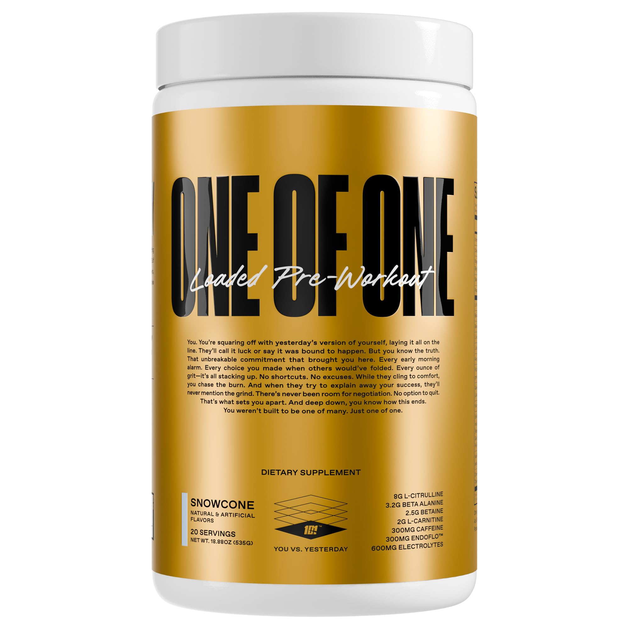 ONE OF ONE Loaded Pre-Workout Snow Cone bottle shows high-stim energy for workouts
