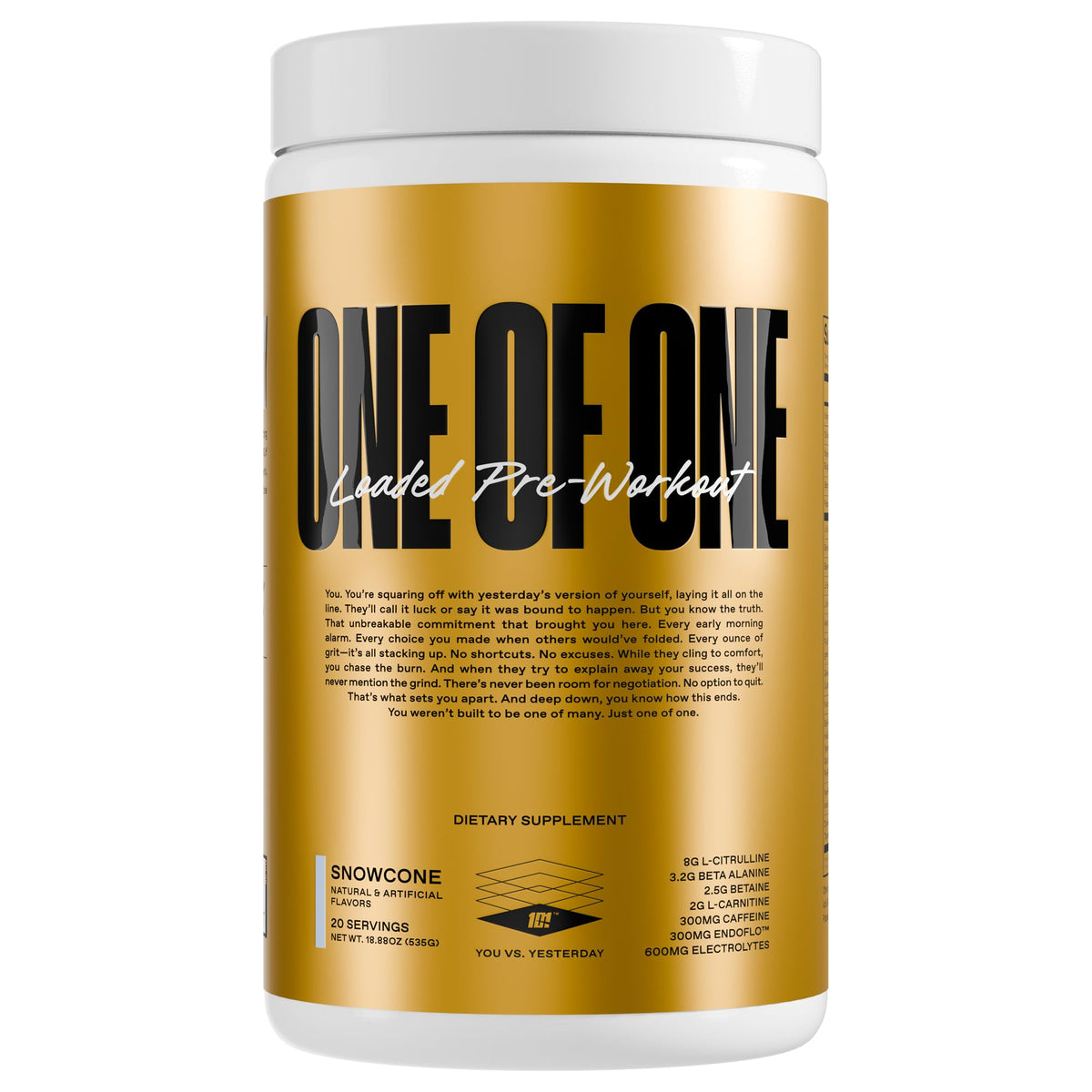 ONE OF ONE Loaded Pre-Workout Snow Cone bottle shows high-stim energy for workouts