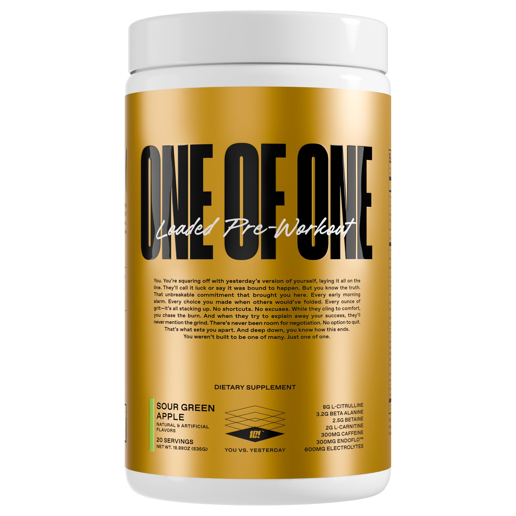 ONE OF ONE Loaded Pre-Workout Sour Green Apple bottle boosts energy for workouts.