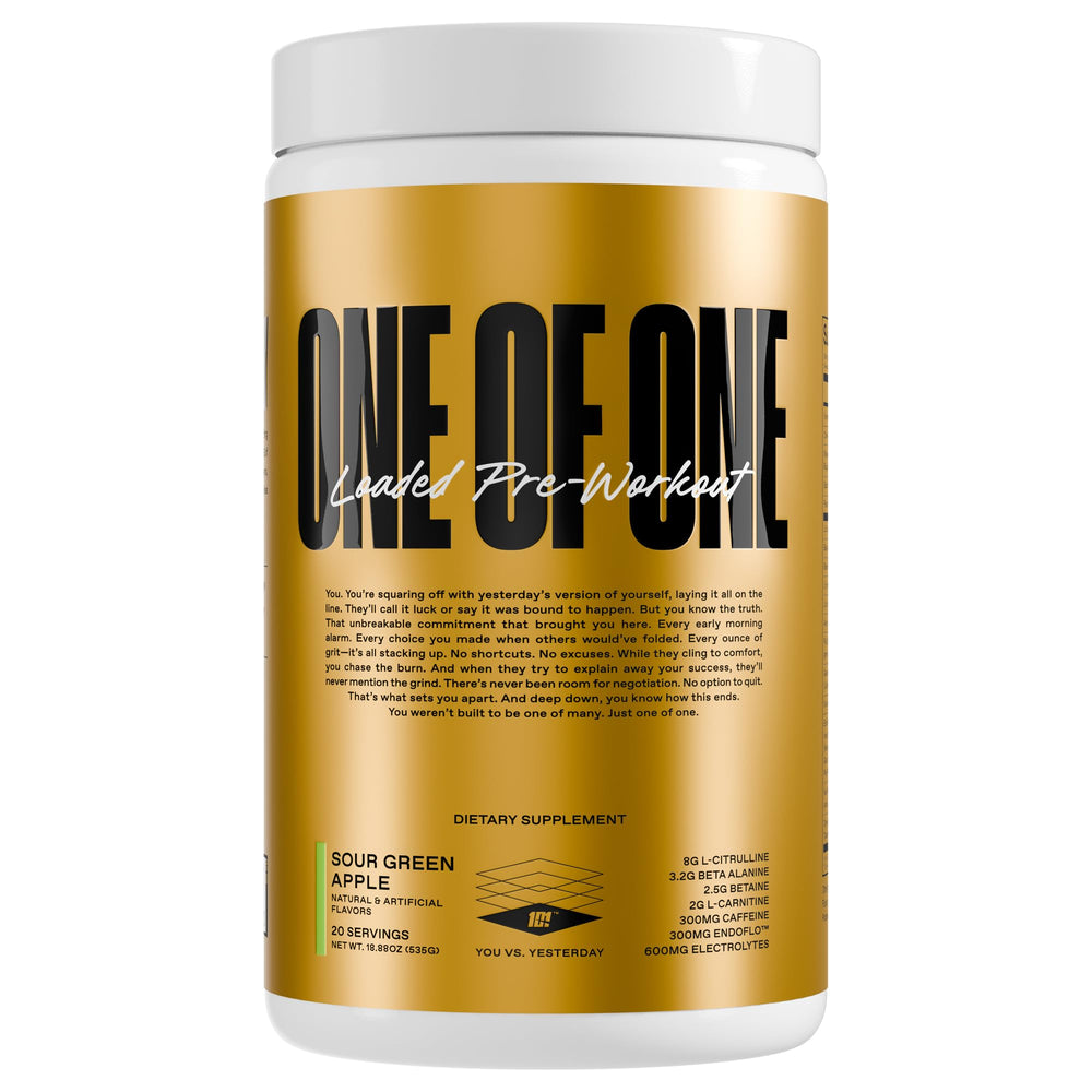 ONE OF ONE Loaded Pre-Workout Sour Green Apple bottle boosts energy for workouts.