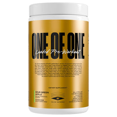 ONE OF ONE Loaded Pre-Workout Sour Green Apple bottle boosts energy for workouts.