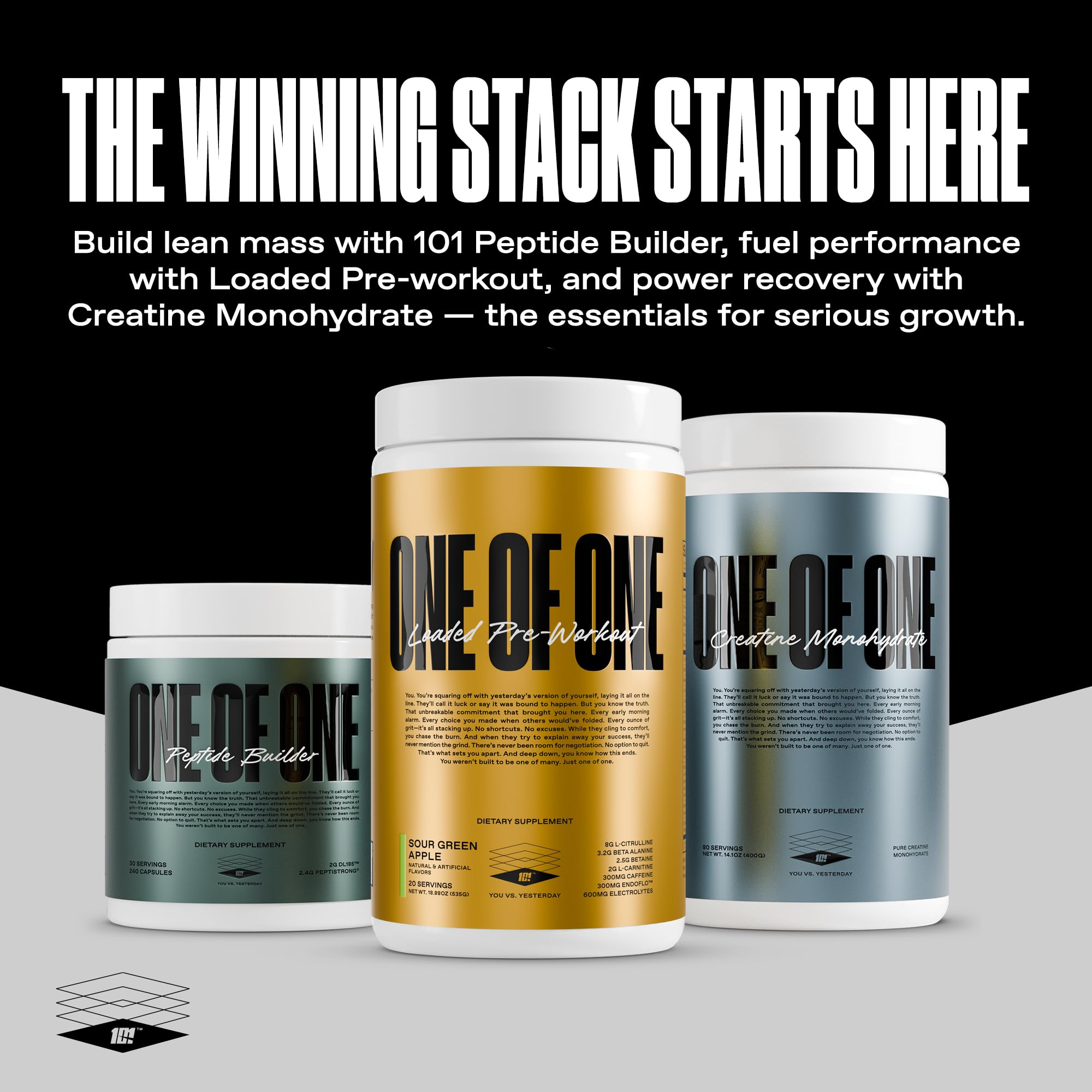 ONE OF ONE Loaded Pre-Workout Sour Green Apple no crash concept graphic.