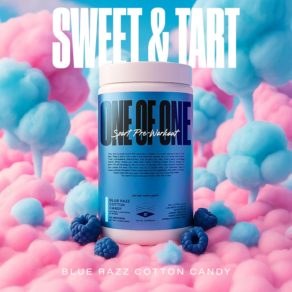 ONE OF ONE Sport Pre-Workout label closeup highlights ingredients and gluten-free status.
