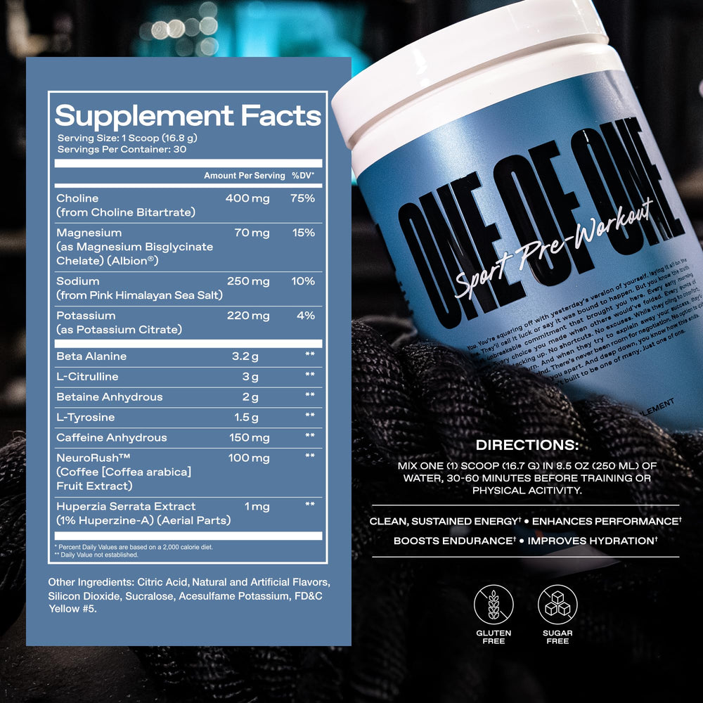 ONE OF ONE Sport Pre-Workout Powder Pineapple Punch pouring into glass for hydration