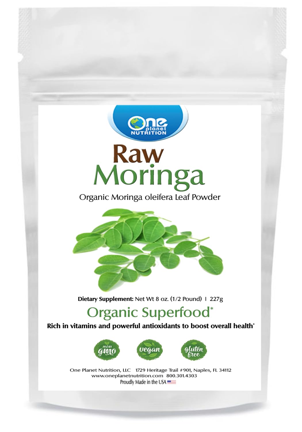One Planet Nutrition Moringa Powder container showing pure organic moringa for daily energy support