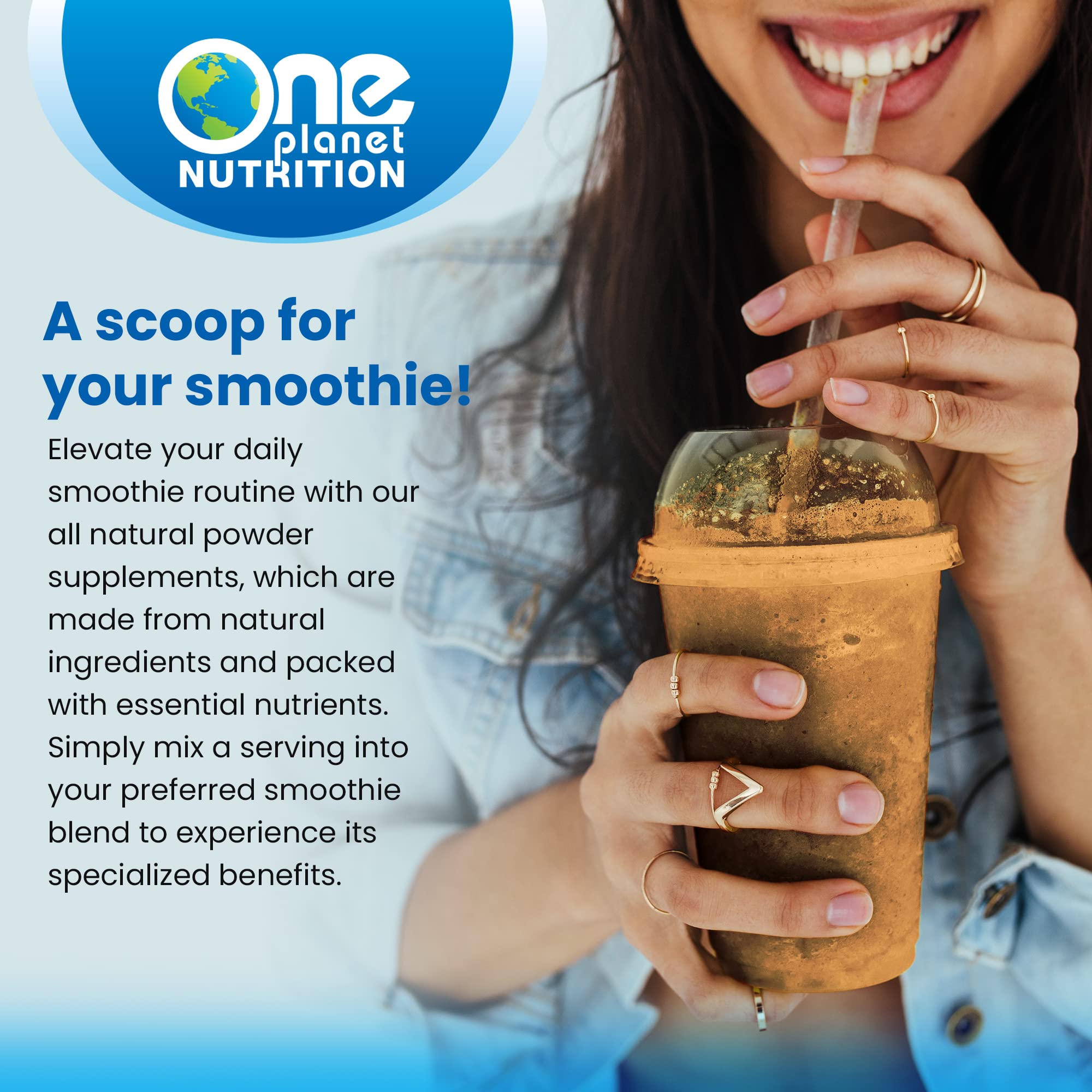One Planet Nutrition Moringa Powder in a smoothie cup illustrating versatile use