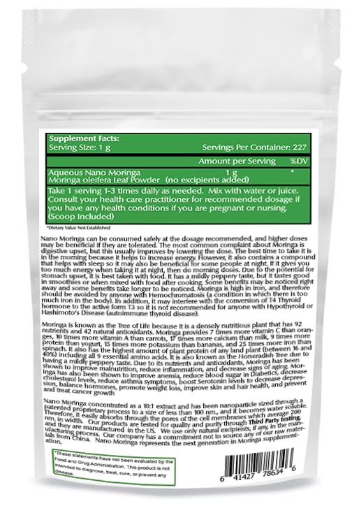 One Planet Nutrition Moringa Powder jar label highlights non-GMO, vegan, gluten-free credentials