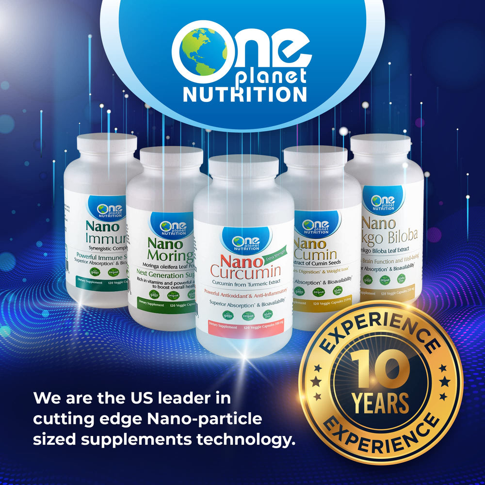 One Planet Nutrition Nano Curcumin capsules lined up on white background