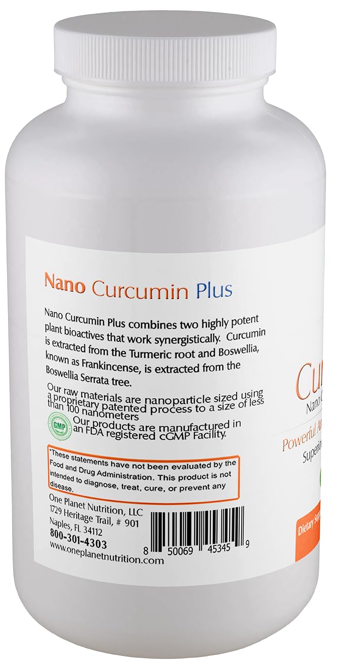 Front-facing bottle highlights vegan, gluten-free Nano Curcumin Plus formula for clean living.