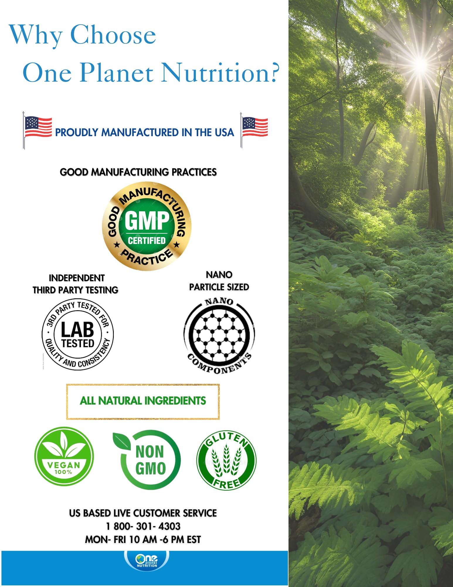 One Planet Nutrition bottle with vegan, non-GMO, gluten-free badges