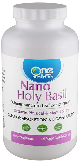 One Planet Nutrition Nano Holy Basil bottle image showing 120 servings for daily stress support.