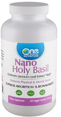 One Planet Nutrition Nano Holy Basil bottle image showing 120 servings for daily stress support.