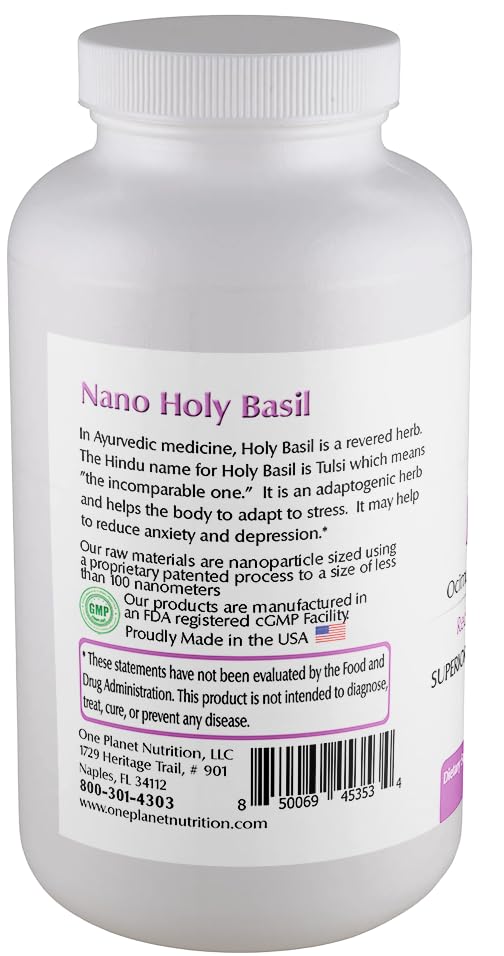 One Planet Nutrition Nano Holy Basil label close-up featuring vegan and gluten-free status.