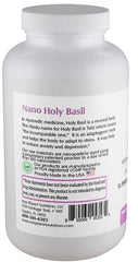 One Planet Nutrition Nano Holy Basil label close-up featuring vegan and gluten-free status.