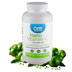 One Planet Nutrition Nano Vitamin C bottle close-up showing 250 mg capsules for daily immune support