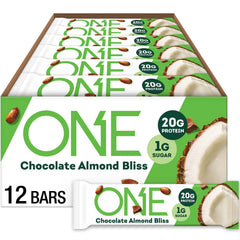 ONE Chocolate Almond Bliss protein bar ready for on-the-go protein