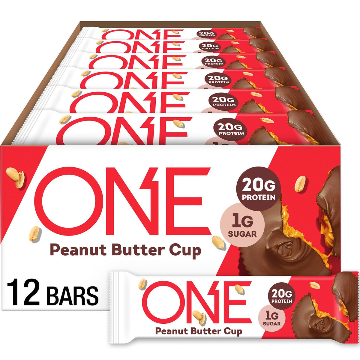ONE Protein Bars Peanut Butter Cup bar front view, ideal on-the-go protein snack