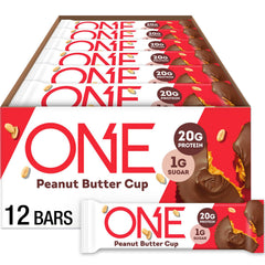 ONE Protein Bars Peanut Butter Cup bar front view, ideal on-the-go protein snack