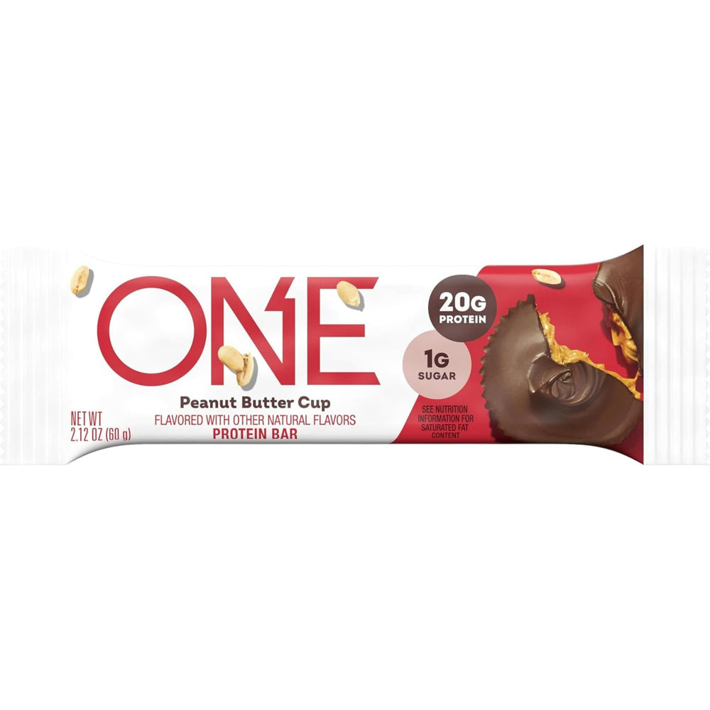 ONE Protein Bars Peanut Butter Cup bar on kitchen counter, quick breakfast option