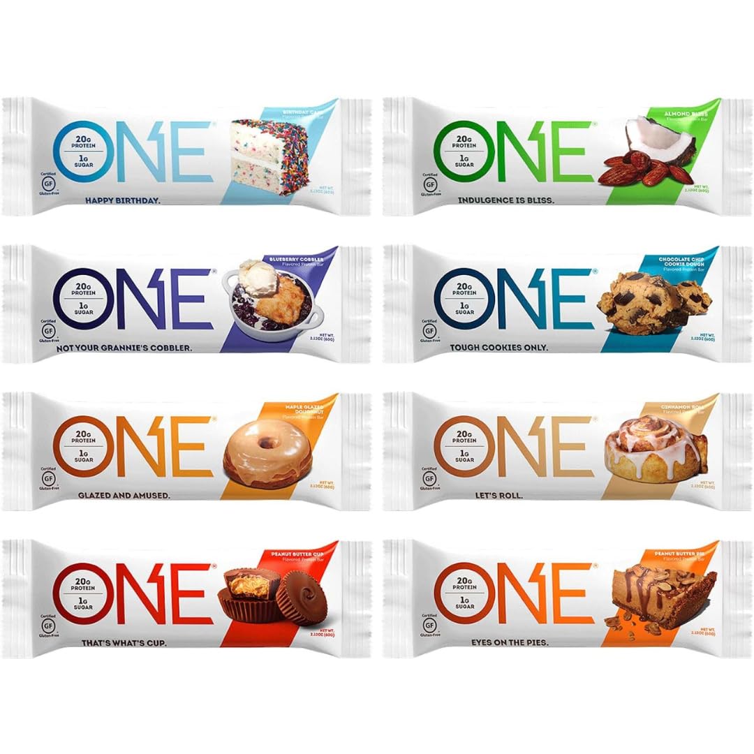 ONE Protein Bars sampler pack with eight gluten-free bars delivering 20g protein and 1g sugar