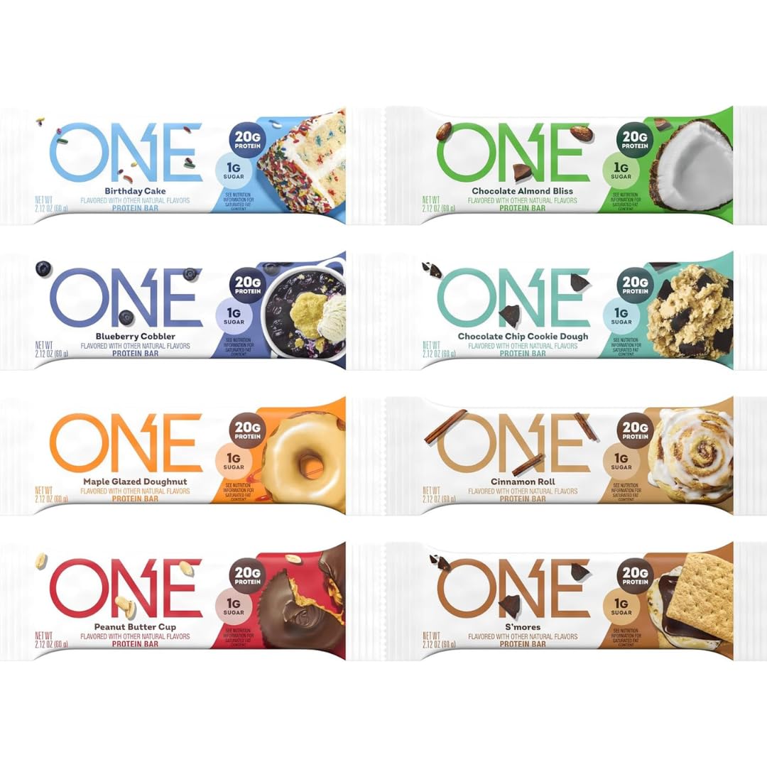 ONE Protein Bars Birthday Cake flavor, gluten-free high-protein snack for workouts.