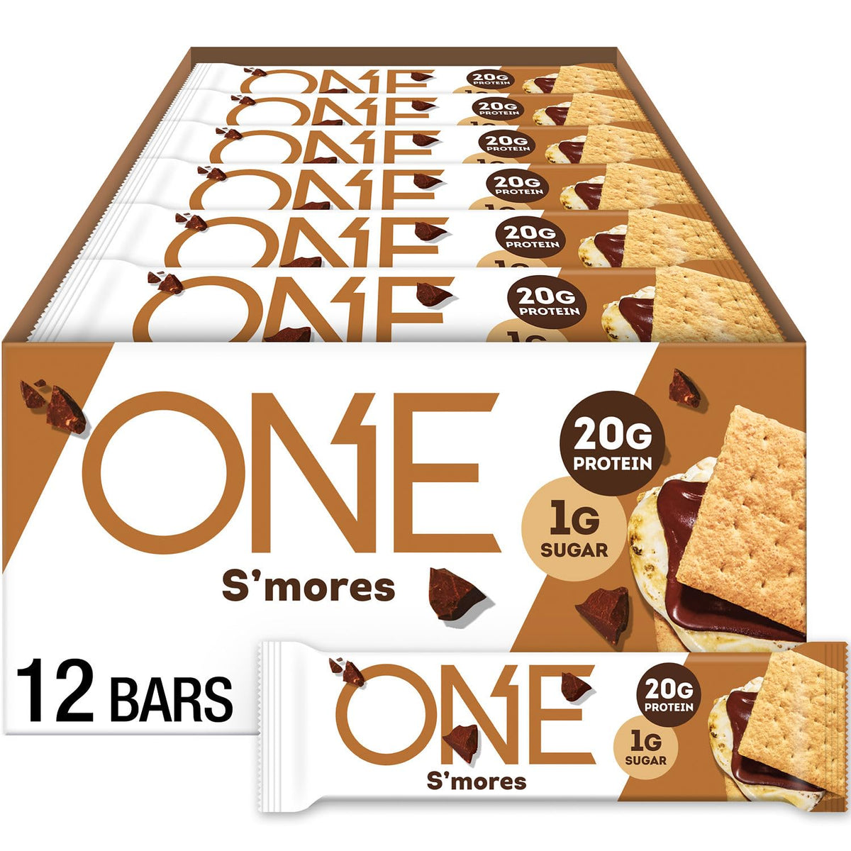 ONE Protein Bars Smores packaging showing gluten-free, high-protein on-the-go snacking.