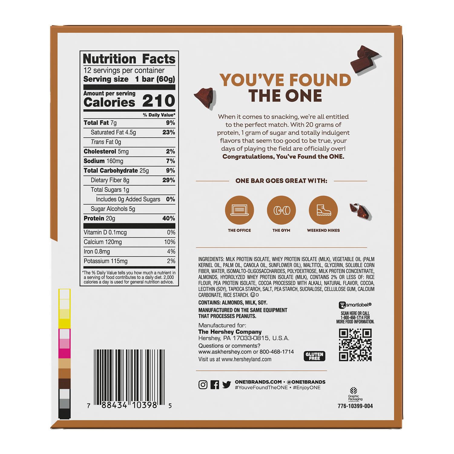ONE Smores bar ingredients highlighting 20g protein and 1g sugar per bar.