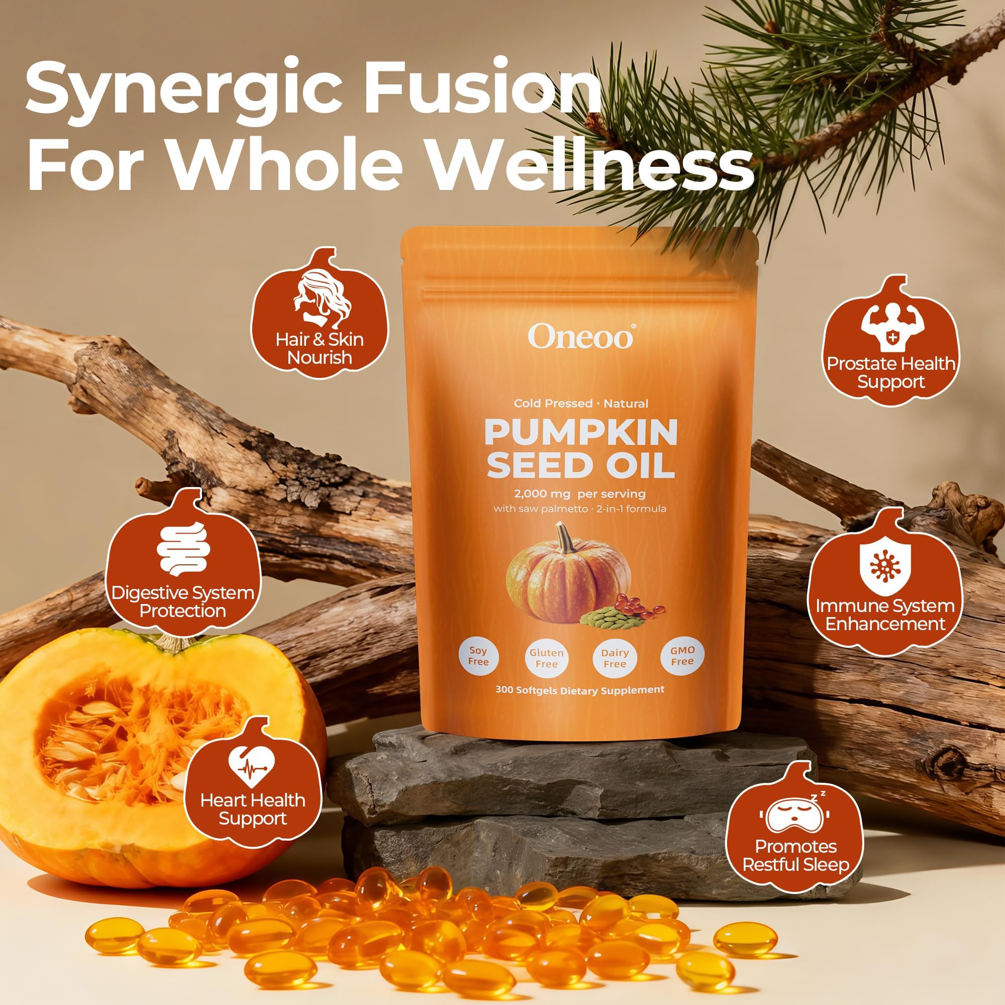 Oneoo bottle highlights fatty acids and phytosterols for daily nutrition.