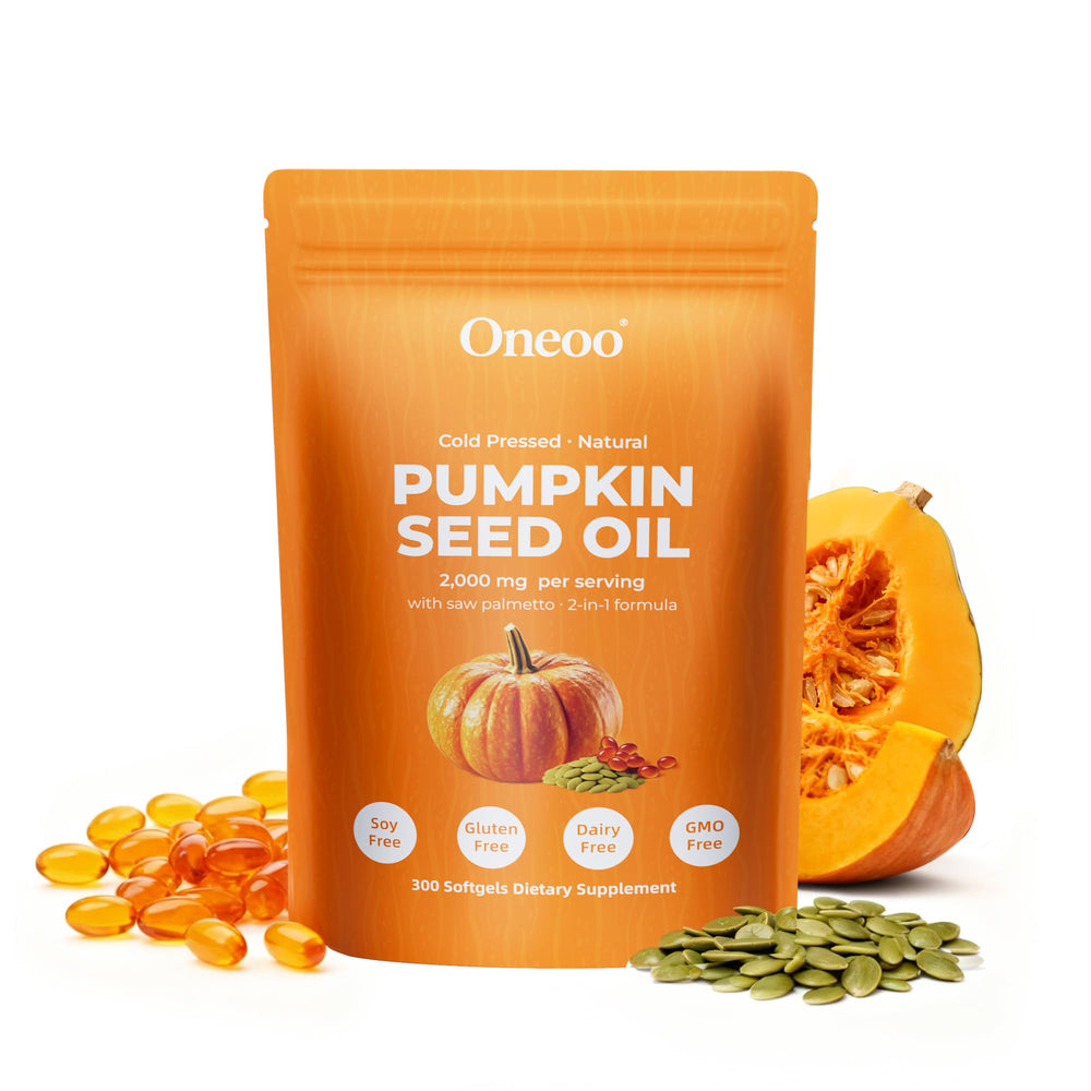 Oneoo pumpkin seed oil bottle with 2000mg strength for hair and urinary support.